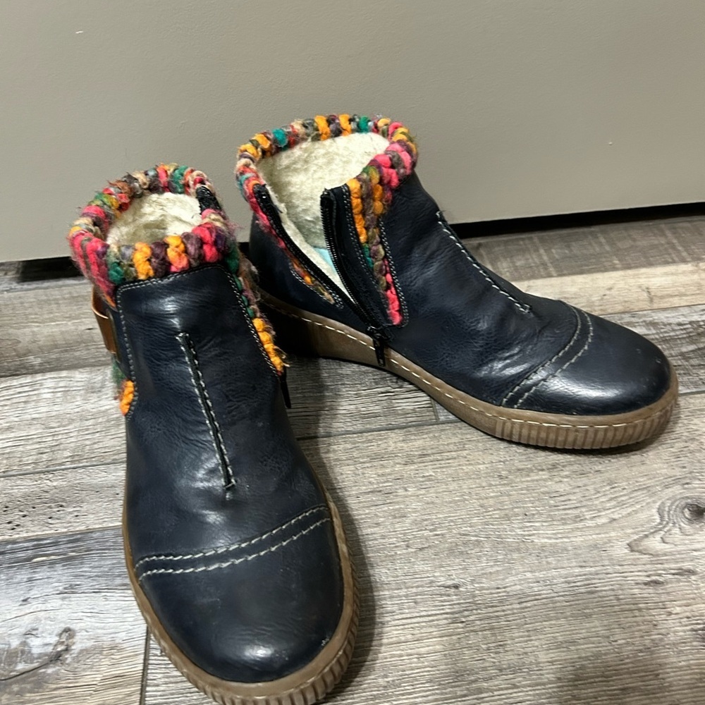 Rieker Navy Blue side zipper Ankle Boots with Colorful Knit Trim - Picture 3 of 11